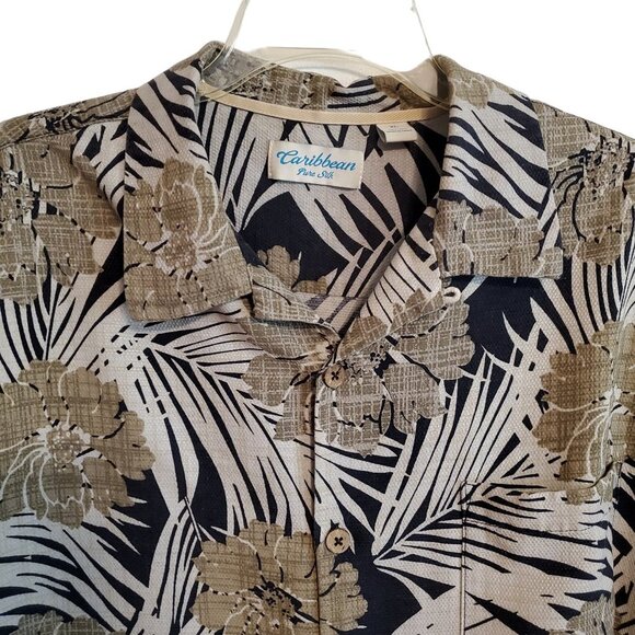 Caribbean Pure Silk Hawaiian Coastal Navy and Tan Wood Button Up Shirt XL - Picture 3 of 15